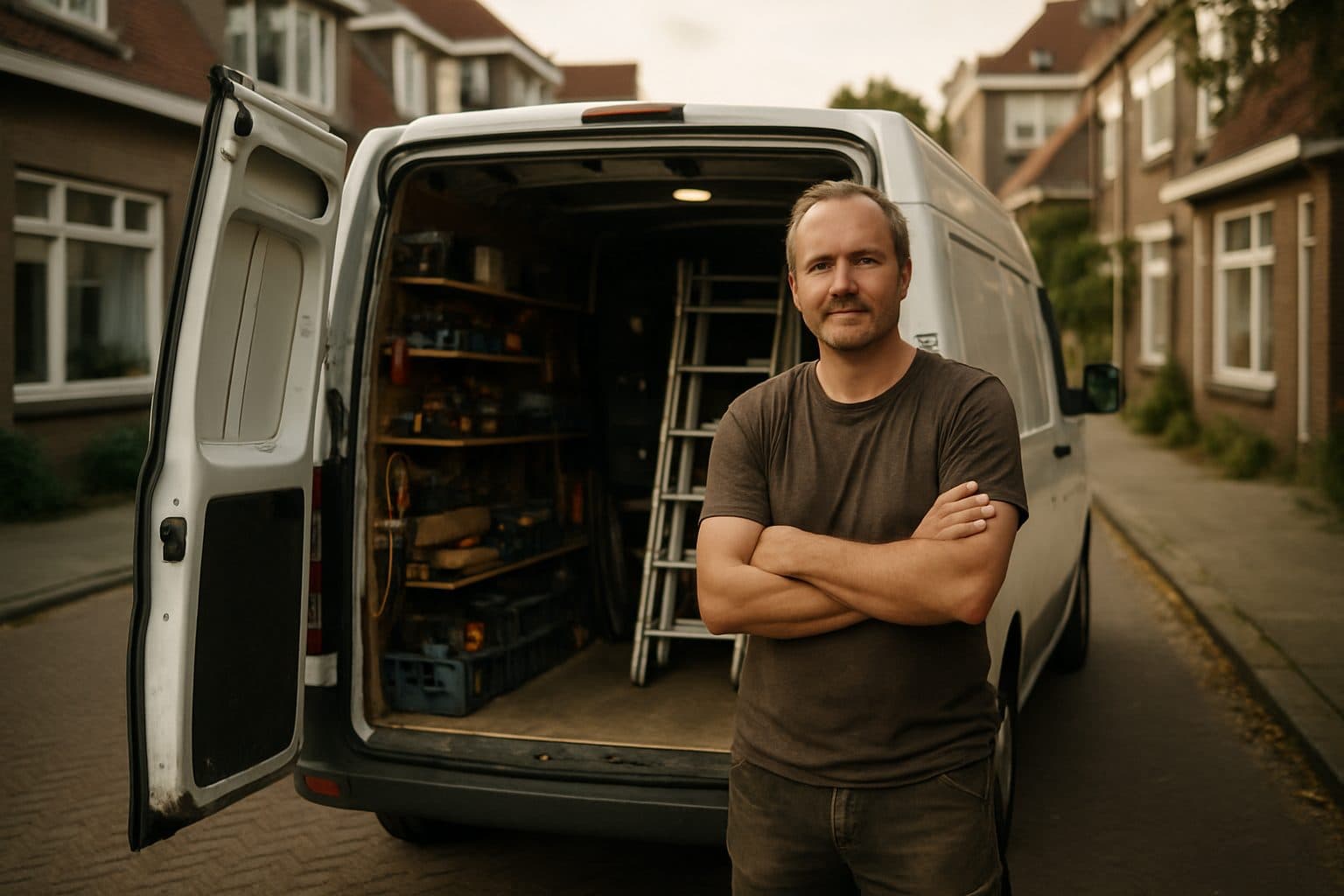 Zelfstandige vakman bij zijn bestelbus met de deuren open en netjes opgeruimd gereedschap