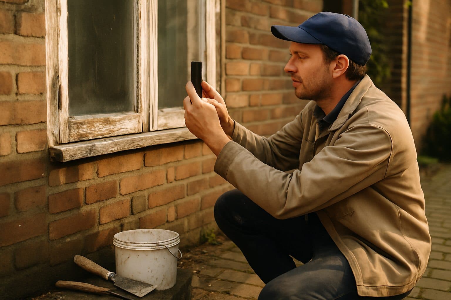Vakman die met zijn telefoon foto's maakt van een klus, met een verfemmer en plamuurmes ernaast