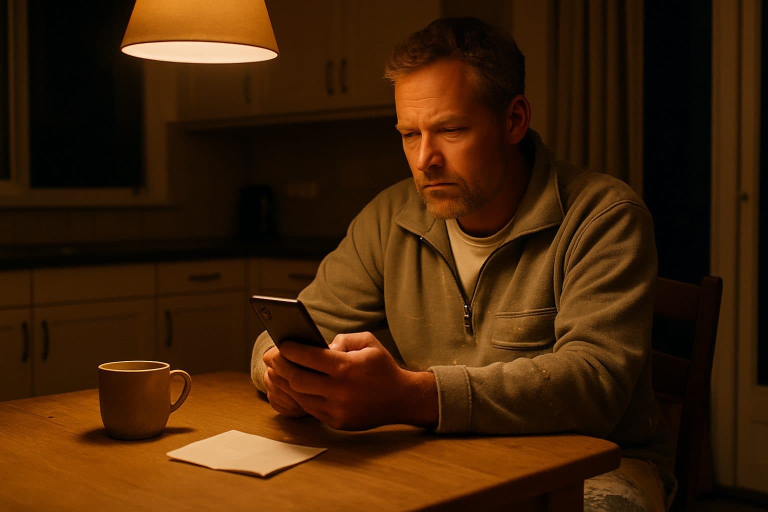 Vakman aan de keukentafel die 's avonds een offerte doorleest op zijn telefoon, met een mok koffie ernaast